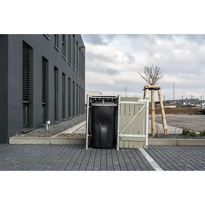 Hide Mülltonnenbox - 80,7 x 69,7 x 115,2 cm, Passend für: 1 Mülltonne 180 - 240 l, Holz, Natur/Grau - Anwendungsbeispiel