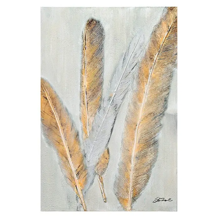 Cuadro pintado a mano Tres plumas de oro - Three gold feathers, An x Al: 60 x 90 cm