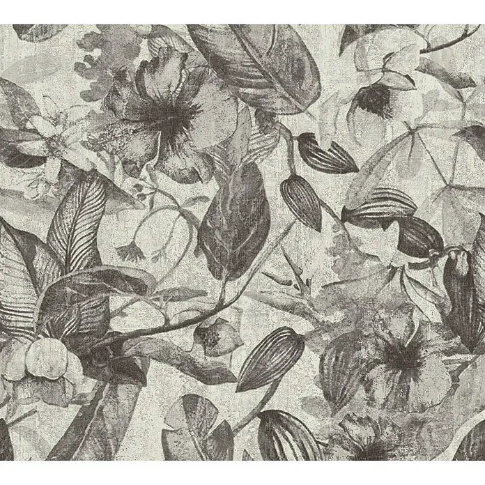 AS Creation Greenery Vliestapete Dschungelblüte - Grau/Schwarz, Floral, 10,05 x 0,53 m - Detailaufnahme