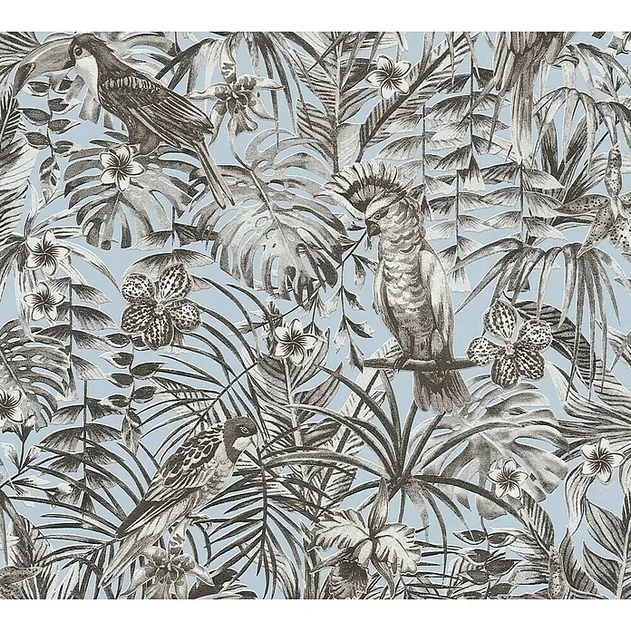 AS Creation Greenery Vliestapete Papagei - Blau/Grau, Tieroptik, 10,05 x 0,53 m - Detailaufnahme