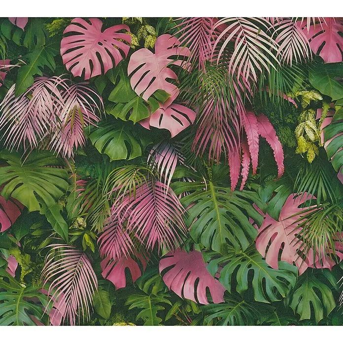 AS Creation Greenery Vliestapete Dschungelblätter - Grün/Pink, Floral, 10,05 x 0,53 m - Detailaufnahme