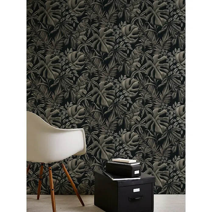 AS Creation Greenery Vliestapete Farnblätter - Schwarz, Floral, 10,05 x 0,53 m - Stimmungsaufnahme