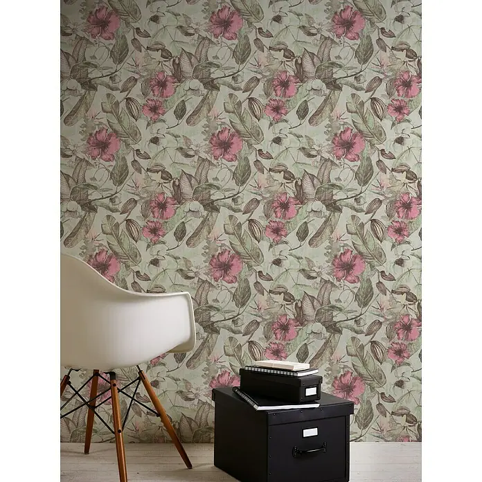 AS Creation Greenery Vliestapete Dschungelblüte - Grau/Grün, Floral, 10,05 x 0,53 m - Stimmungsaufnahme