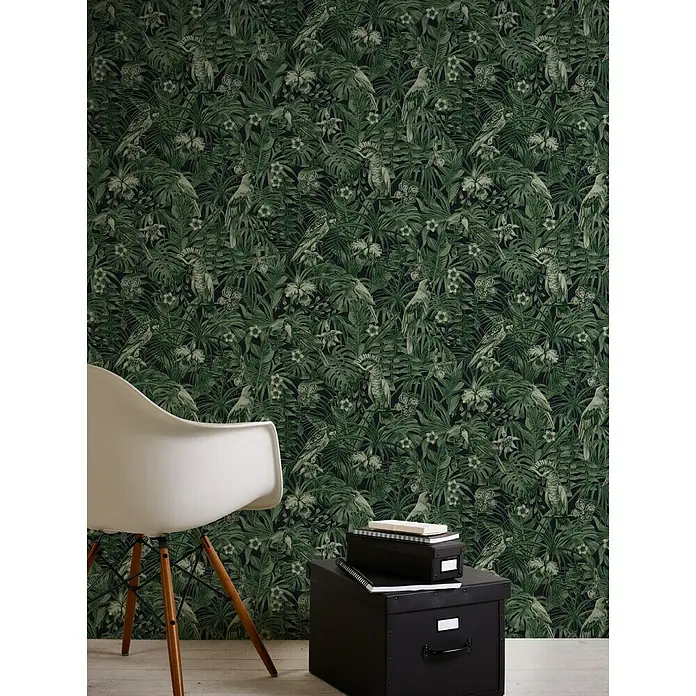 AS Creation Greenery Vliestapete Papagei - Dunkelgrün, Tieroptik, 10,05 x 0,53 m - Stimmungsaufnahme