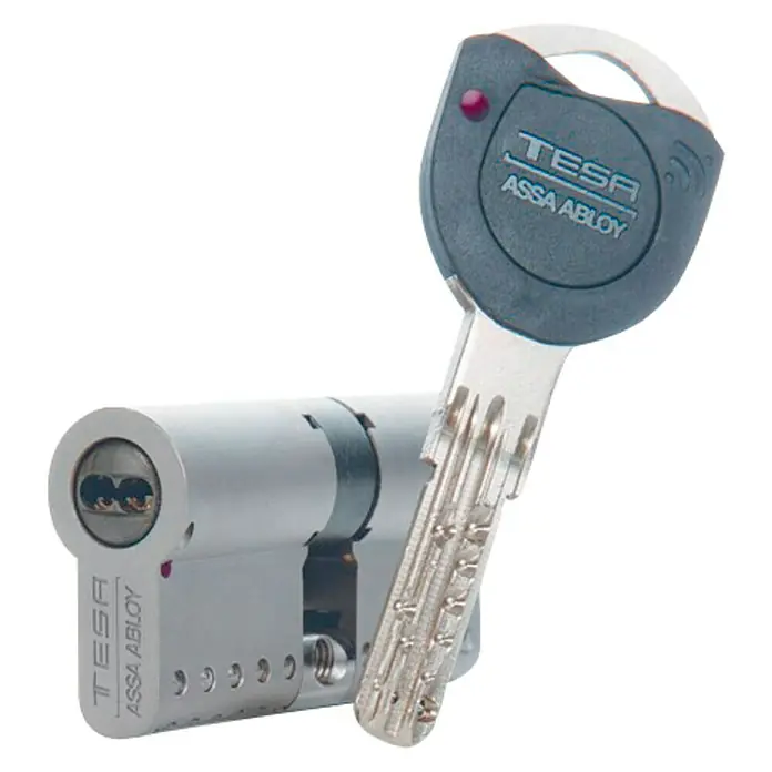 Tesa Assa Abloy Cilindro de perfil de seguridad TK100 - Número de llaves: 5 ud., Longitud total interior/exterior: 30/40 mm, Níquel