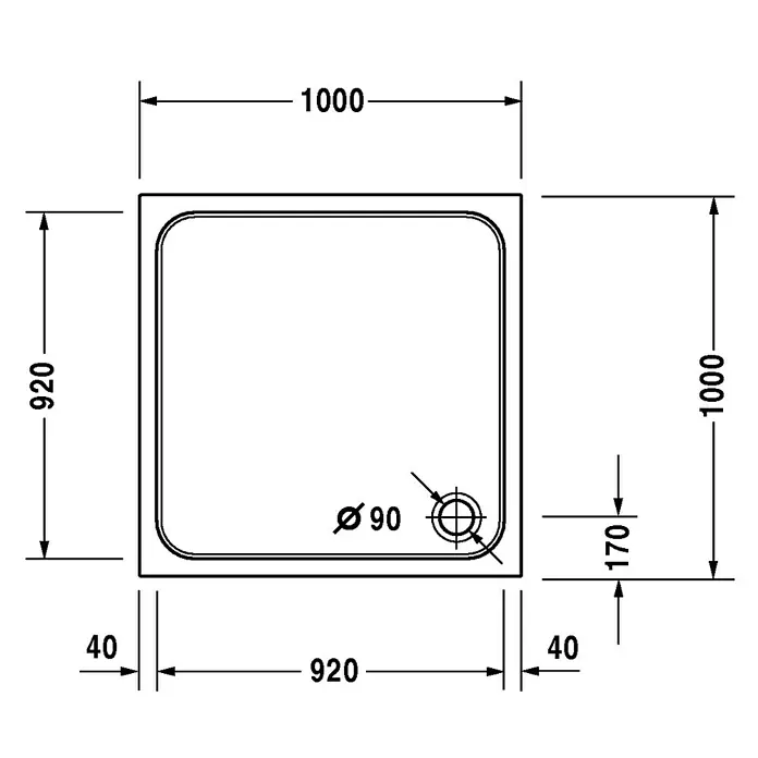 Duravit D-Code Duschwanne - L x B: 100 x 100 cm, Kunststoff, Weiß, Mit Antirutsch-Oberfläche, Quadratisch - Skizze