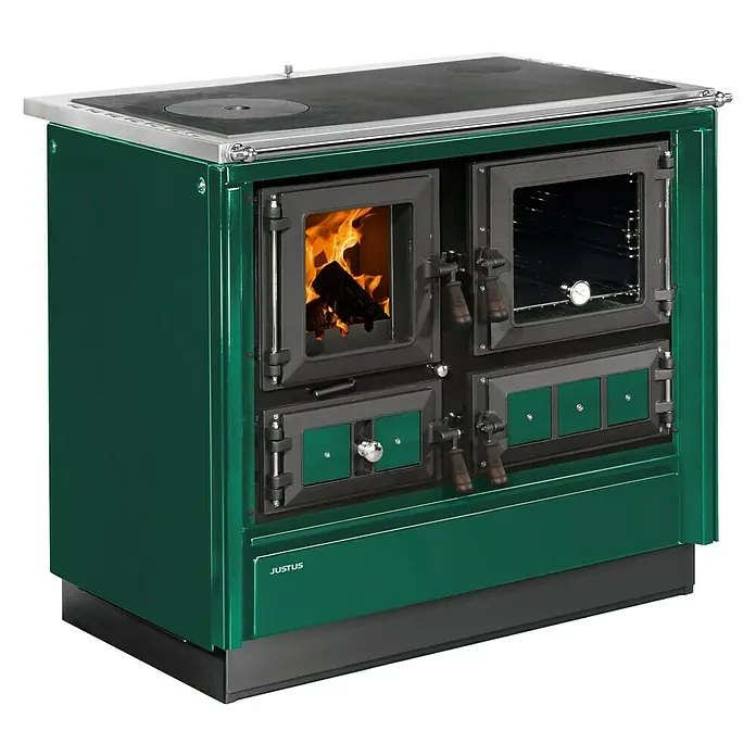 Justus Küchenherd Rustico-90 2.0 - 7 kW, Raumheizvermögen: 144 m³, Grün, Backofen rechts - Vorderansicht