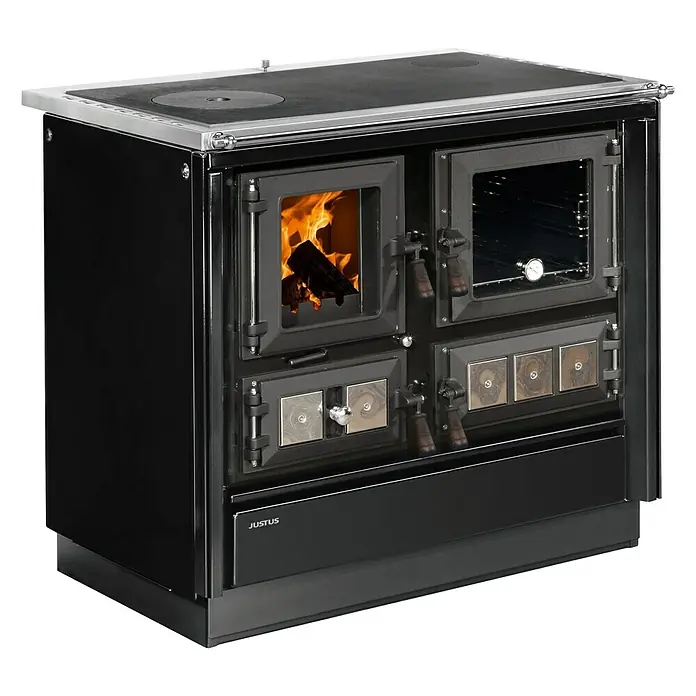 Justus Küchenherd Rustico-90 2.0 - 7 kW, Raumheizvermögen: 144 m³, Schwarz, Backofen rechts - Vorderansicht