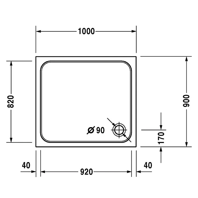 Duravit D-Code Duschwanne - L x B: 100 x 90 cm, Kunststoff, Weiß, Mit Antirutsch-Oberfläche, Rechteckig - Skizze