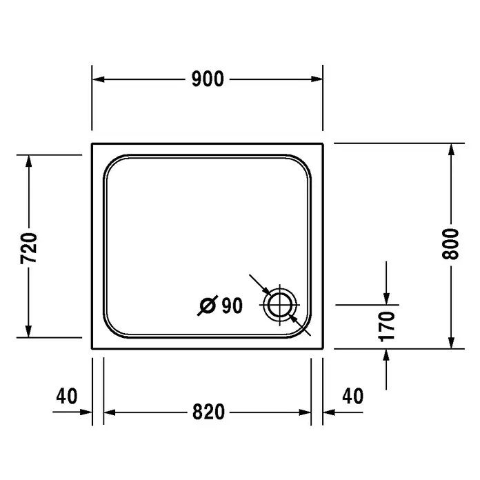 Duravit D-Code Duschwanne - L x B: 90 x 80 cm, Kunststoff, Weiß, Mit Antirutsch-Oberfläche, Rechteckig - Skizze