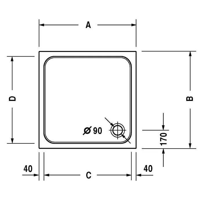 Duravit D-Code Duschwanne - L x B: 80 x 80 cm, Kunststoff, Weiß, Mit Antirutsch-Oberfläche, Quadratisch - Skizze