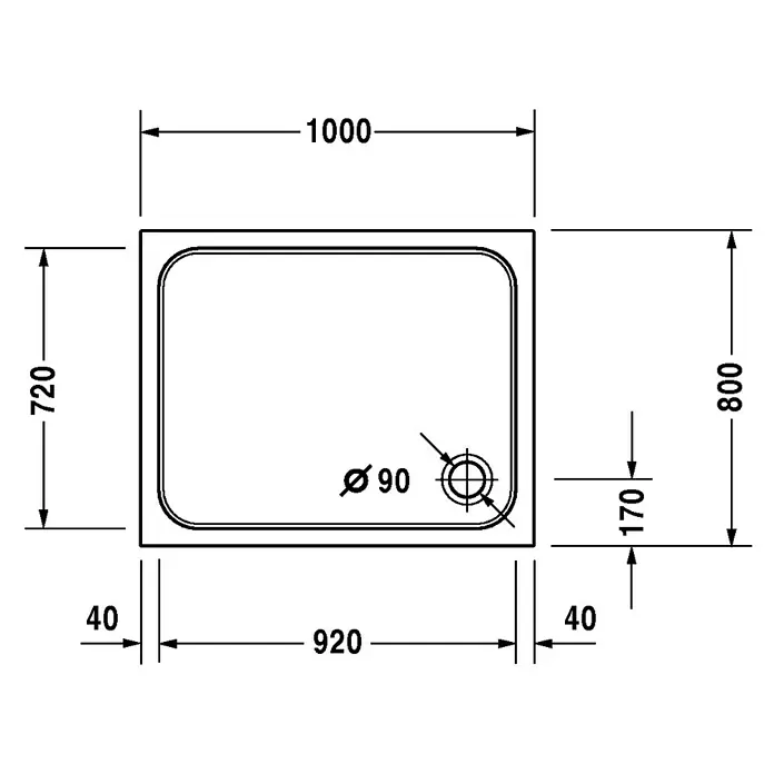 Duravit D-Code Duschwanne - L x B: 100 x 80 cm, Kunststoff, Weiß, Mit Antirutsch-Oberfläche, Rechteckig - Skizze