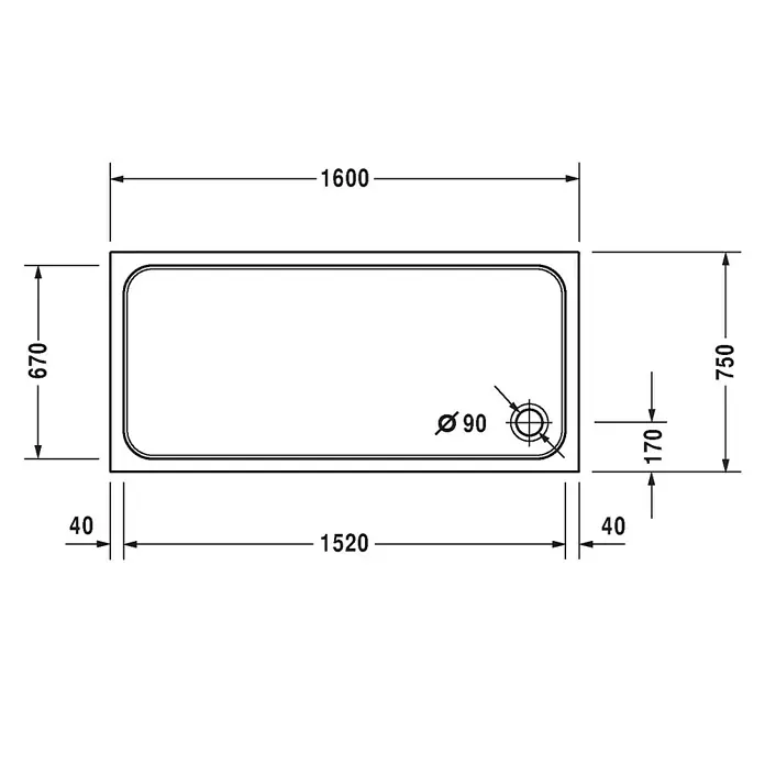 Duravit D-Code Duschwanne - L x B: 160 x 75 cm, Kunststoff, Weiß, Mit Antirutsch-Oberfläche, Rechteckig - Skizze
