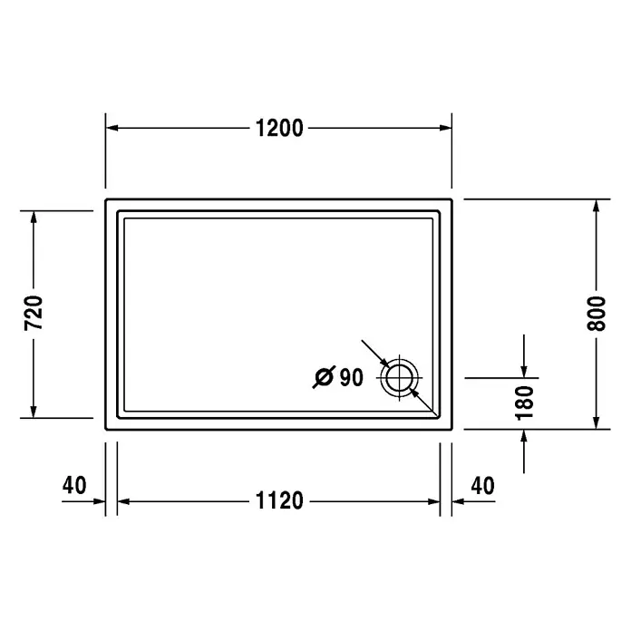 Duravit Duschwanne Starck Slimline - L x B: 120 x 80 cm, Kunststoff, Weiß, Ohne Antirutsch-Oberfläche - Skizze