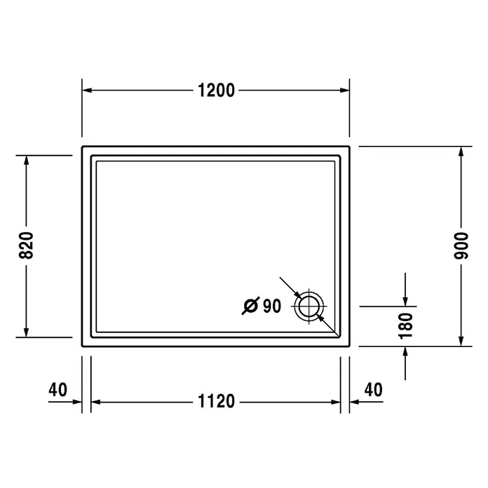 Duravit Duschwanne Starck Slimline - L x B: 120 x 90 cm, Kunststoff, Weiß, Mit Antirutsch-Oberfläche - Skizze