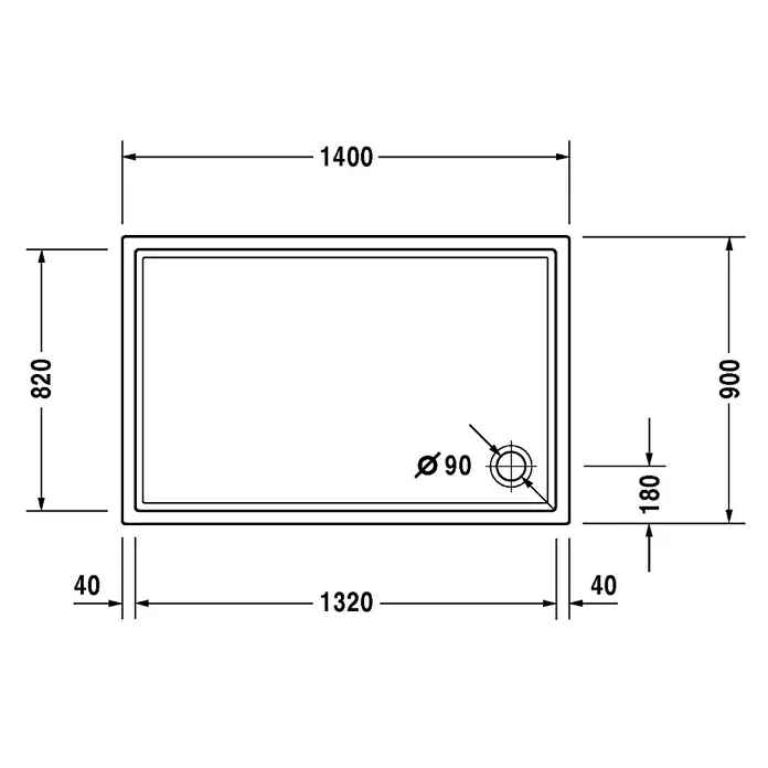 Duravit Duschwanne Starck Slimline - L x B: 140 x 90 cm, Kunststoff, Weiß, Mit Antirutsch-Oberfläche - Skizze
