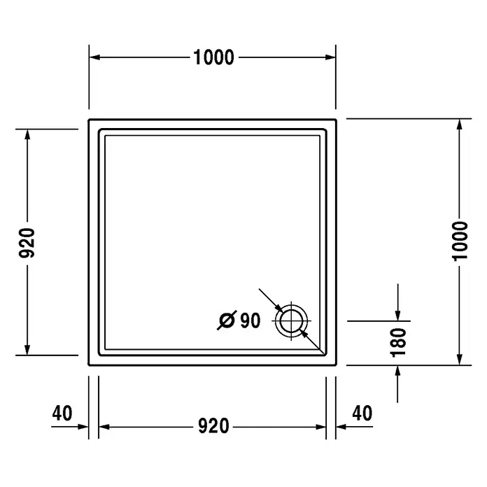 Duravit Duschwanne Starck Slimline - L x B: 100 x 100 cm, Kunststoff, Weiß, Ohne Antirutsch-Oberfläche - Skizze