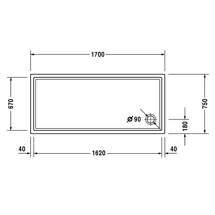 Duravit Duschwanne Starck Slimline - L x B: 170 x 75 cm, Kunststoff, Weiß, Mit Antirutsch-Oberfläche - Skizze