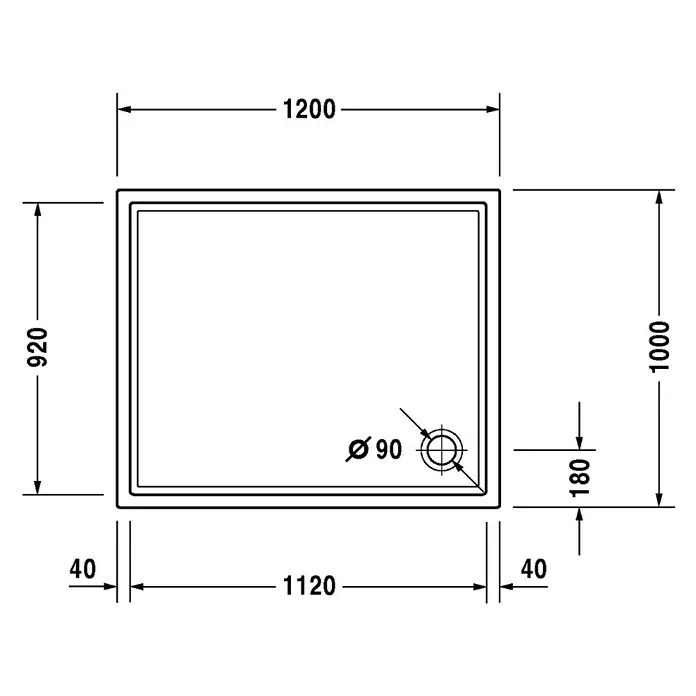 Duravit Duschwanne Starck Slimline - L x B: 120 x 100 cm, Kunststoff, Weiß, Mit Antirutsch-Oberfläche - Skizze