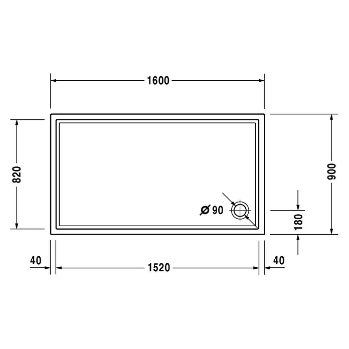 Duravit Duschwanne Starck Slimline - L x B: 160 x 90 cm, Kunststoff, Weiß, Ohne Antirutsch-Oberfläche - Skizze