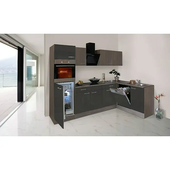 Respekta Winkelküche KBL280EYGOE - 280 x 172 cm, Mit Elektrogeräten, Grau Seidenglanz - Rechte Seitenansicht