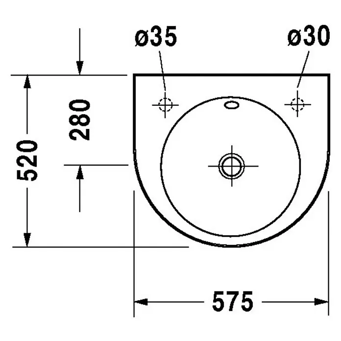 Duravit Architec Waschtisch - 57,5 x 52 cm, Ohne Spezialglasur, Hahnloch: Ohne, Mit Überlauf, Weiß - Skizze