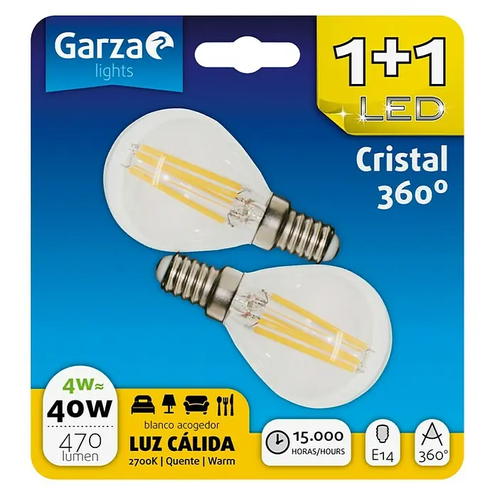 Garza Bombilla LED Cristal - 2 uds., E14, 2 x 4 W, Blanco cálido, 470 lm