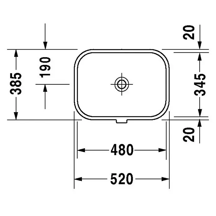Duravit Happy D.2 Einbauwaschbecken - 52 x 38,5 cm, Ohne Spezialglasur, Hahnloch: Ohne, Mit Überlauf, Weiß - Skizze