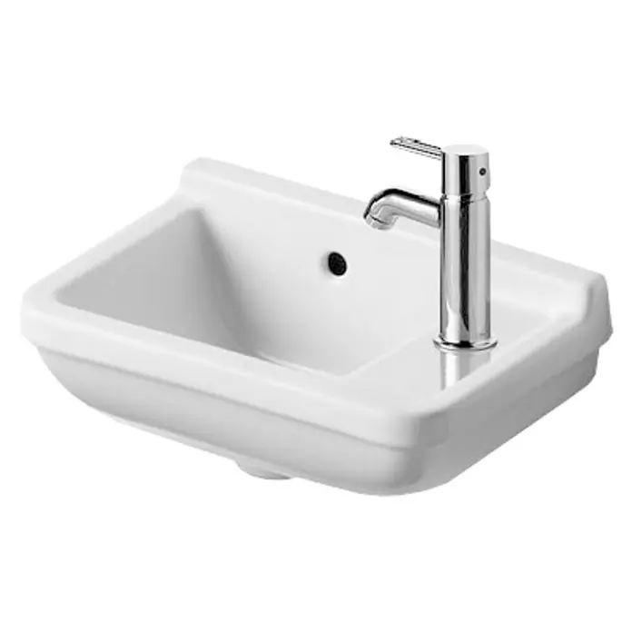 Duravit Starck 3 Waschbecken - 40 x 26 cm, Mit schmutzabweisender Glasur, Hahnloch: Rechts, Mit Überlauf, Weiß - Vorderansicht