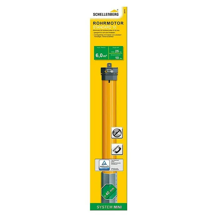 Schellenberg Rohrmotor Mini Standard - Max. Rollladenfläche: 6 m² bei Kunststoffrollläden, Einbaulänge: 500 mm, Zugkraft: 25 kg