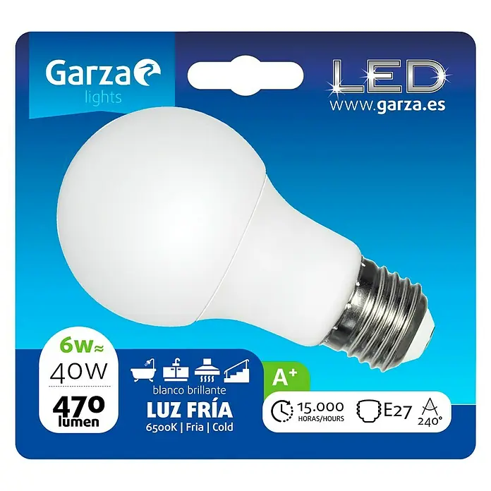 Garza Bombilla LED - 6 W, E27, Blanco frío, 470 lm