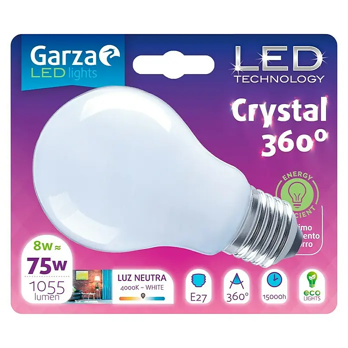 Garza Bombilla LED - 8 W, E27, Color de luz: Blanco neutro, No regulable, Redonda