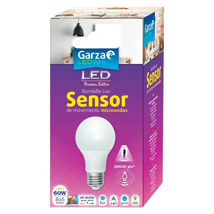 Garza Bombilla LED con sensor de movimiento - 10 W, E27, Color de luz: Blanco neutro, No regulable, Redonda