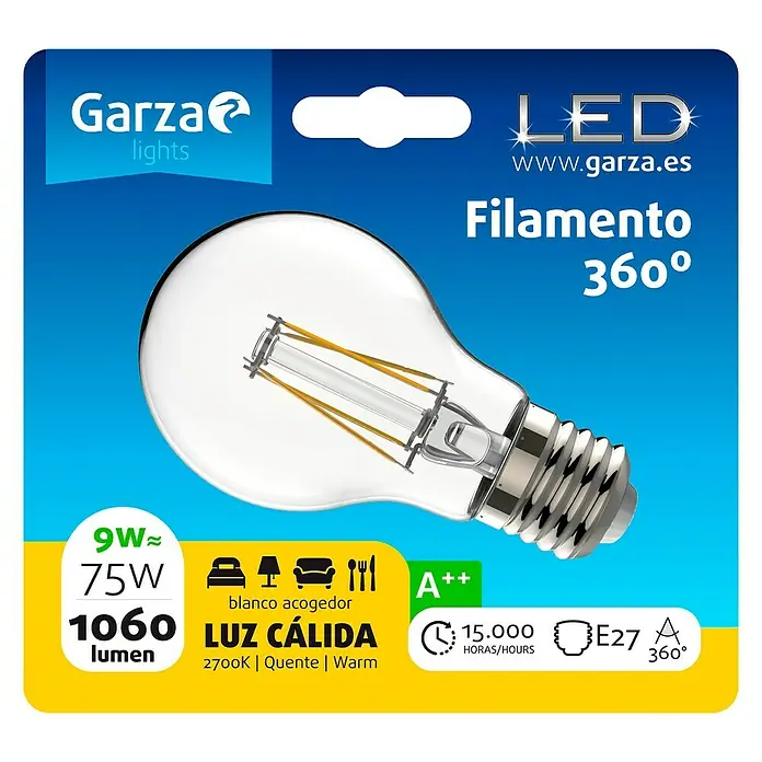 Garza Bombilla LED Filamento - E27, 9 W, Blanco cálido, 1.060 lm