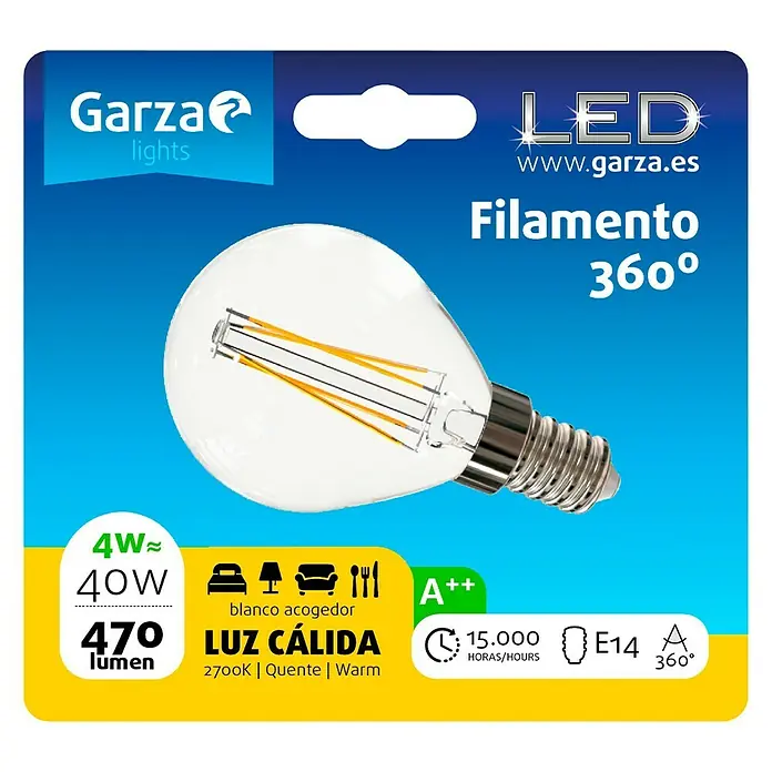 Garza Bombilla LED Filamento - 4 W, E14, Color de luz: Blanco cálido, No regulable, Redonda