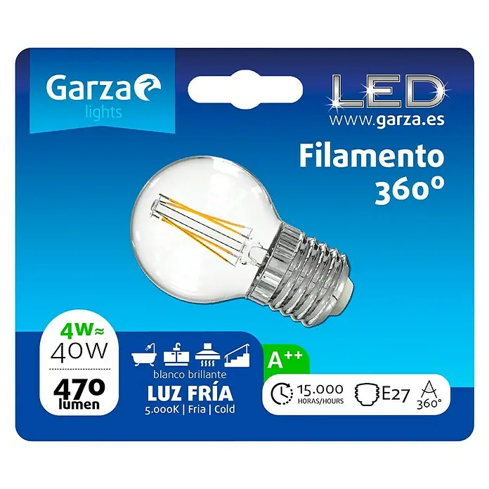 Garza Bombilla LED Filamento - 4 W, E27, Blanco frío, 470 lm