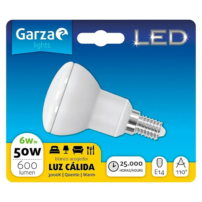 Garza Bombilla reflectora LED - 6 W, E14, 110 °, Color de luz: Blanco cálido, No regulable