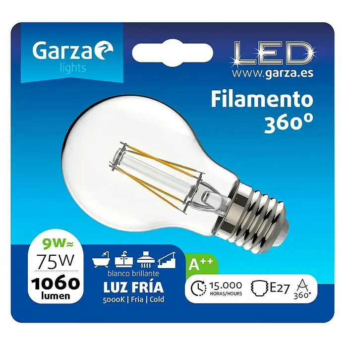 Garza Bombilla LED Filamento - E27, 9 W, Blanco frío, 1.060 lm
