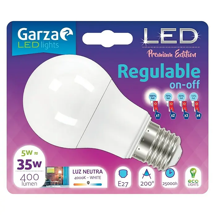Garza Bombilla LED 4 en 1 - 5 W, E27, Color de luz: Blanco neutro, No regulable, Redonda