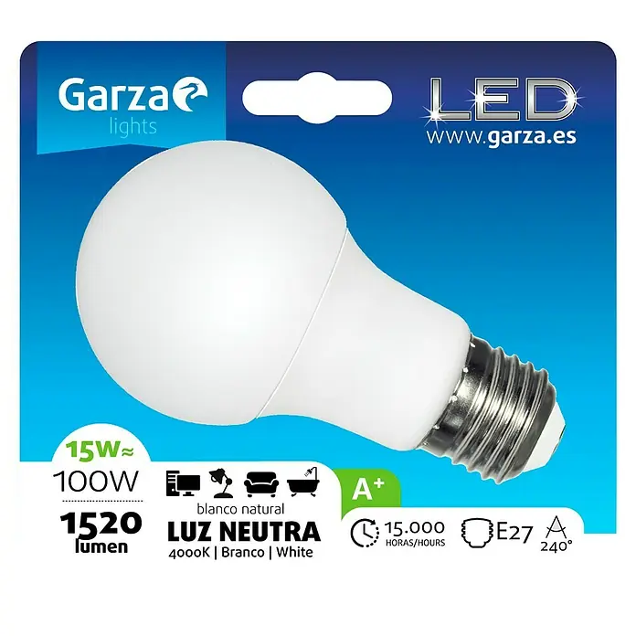 Garza Bombilla LED - 15 W, E27, Blanco neutro, 1.520 lm