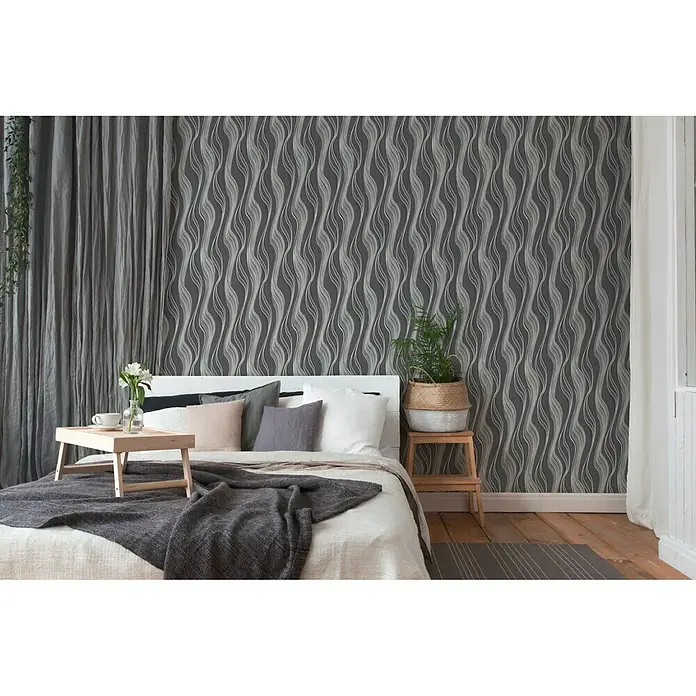AS Creation Trendwall Vliestapete Welle - Anthrazit/Weiß, Wellen, 10,05 x 0,53 m - Stimmungsaufnahme