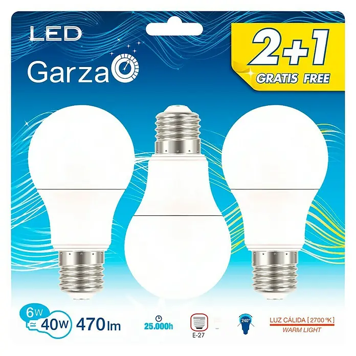 Garza Bombilla LED - 3 uds., 6 W, E27, Color de luz: Blanco cálido