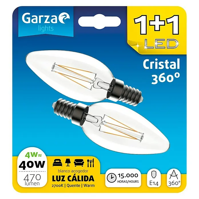 Garza Bombilla LED - 2 uds., E14, 2 x 4 W, Color de luz: Blanco cálido, No regulable