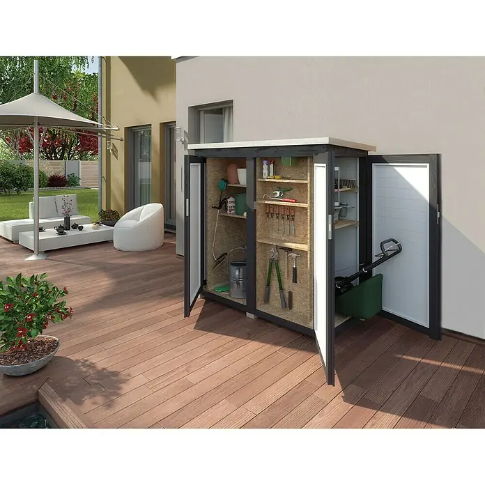 Weka GartenQ Geräteschrank Teras - Außenbreite inkl. Dachüberstand: 170 cm, Außentiefe inkl. Dachüberstand: 85 cm, Holz, Anthrazit, Weiß - Stimmungsaufnahme