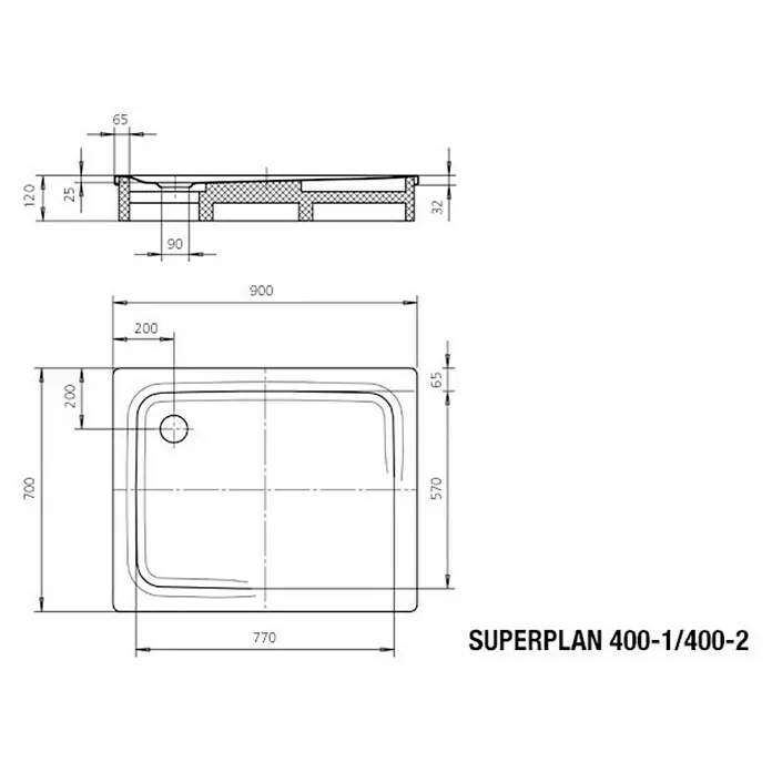 Kaldewei Duschwanne Superplan 400-1 - L x B: 90 x 70 cm, Stahl, Weiß - Skizze