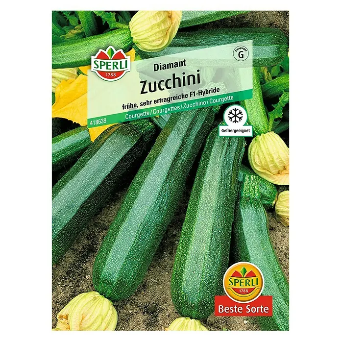 Sperli Gemüsesamen Zucchini - Diamant, Cucurbita pepo, Erntezeit: Juni - Vorderansicht