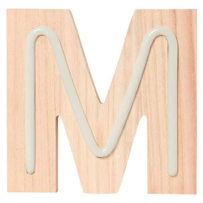 Letra LED neón de madera - M, Madera, Color de luz: Blanco neutro