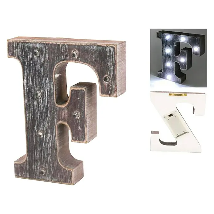 Letra LED de madera - F, Marrón oscuro, Color de luz: Blanco neutro
