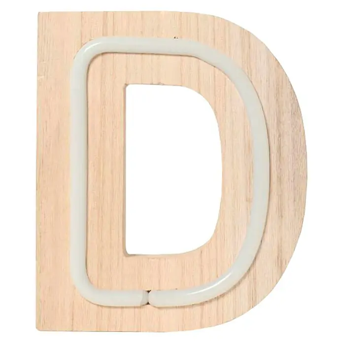Letra LED neón de madera - D, Madera, Color de luz: Blanco neutro