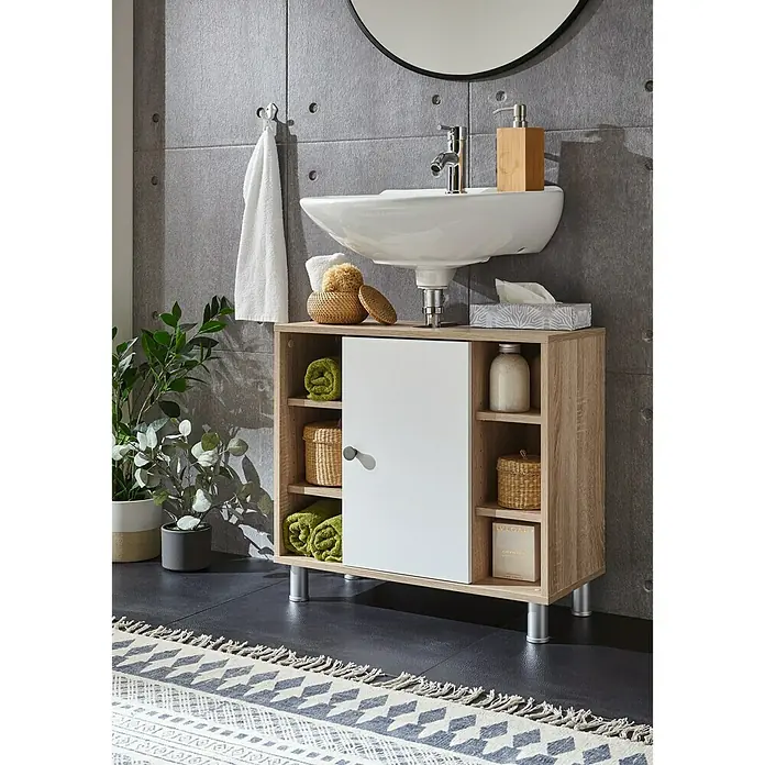 Riva Mueble de lavabo Wood - 65 x 30 x 60 cm, Réplica de roble de Sonoma, Blanco - Vista de perfil izquierdo